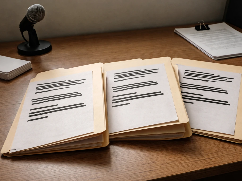 Minimal desk scene with stacked public-record folders and redacted documents suggesting multiple identities.