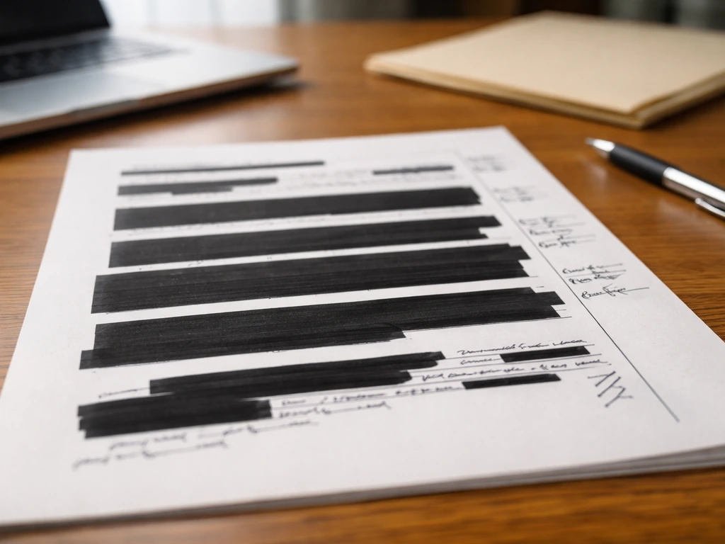 Close-up of a redacted administrative law decision document on a desk beside a laptop