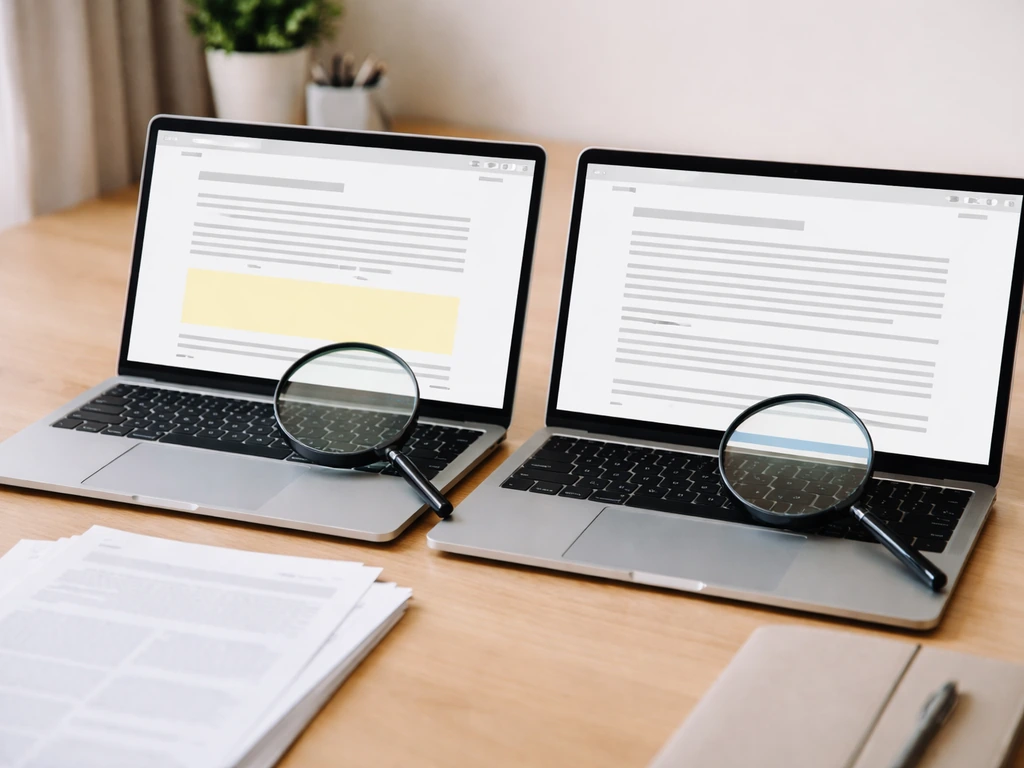Home office desk with two side-by-side laptops showing unreadable pages and a magnifying glass.