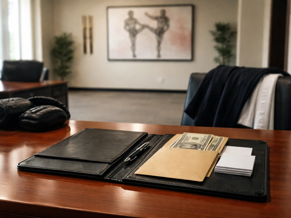Martial-arts self-defense founder’s franchise vibe: desk with dojo poster and cash envelope, close-up details