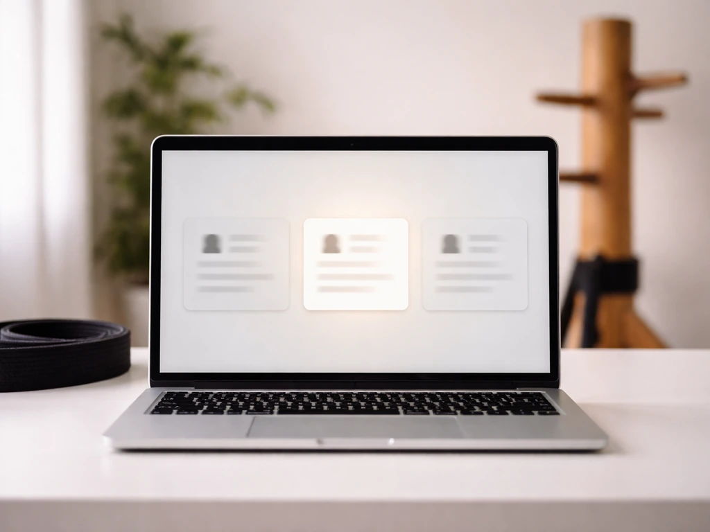Minimal desk with a laptop showing blurred identity tiles, hinting the correct martial-arts founder context.