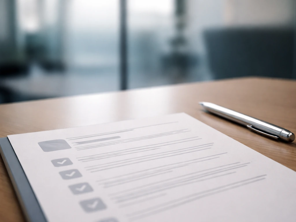 Close-up of a printed corporate governance document and pen on a simple office desk, no readable text.