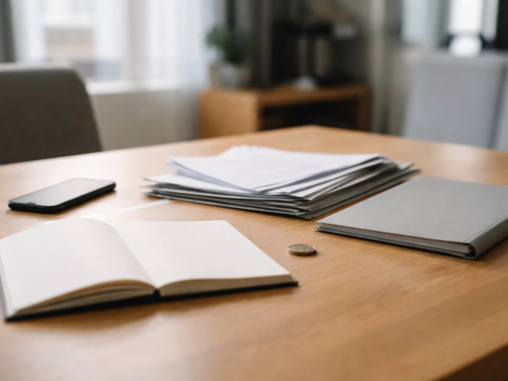 Minimal office desk with documents, notebook, and a coin, suggesting financial estimation research.