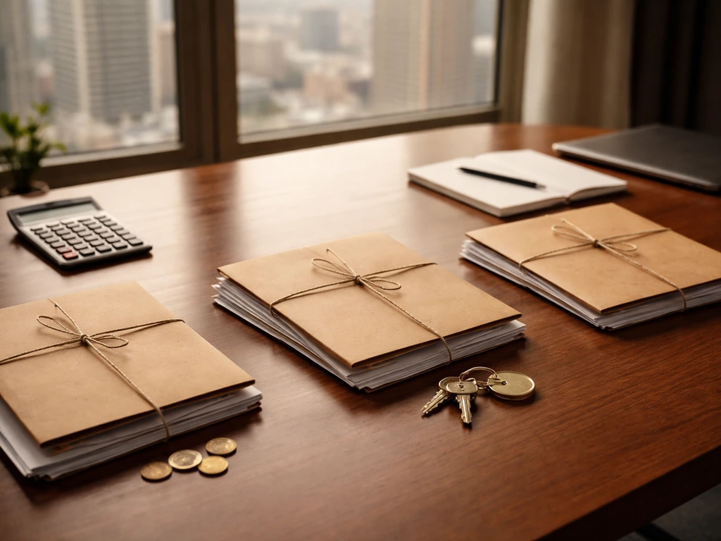 Minimal office desk scene with three labeled-looking cash folders and scattered documents suggesting net worth component