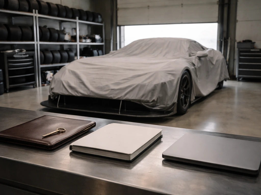 Race team workshop scene with a covered car, casual ownership-themed business atmosphere