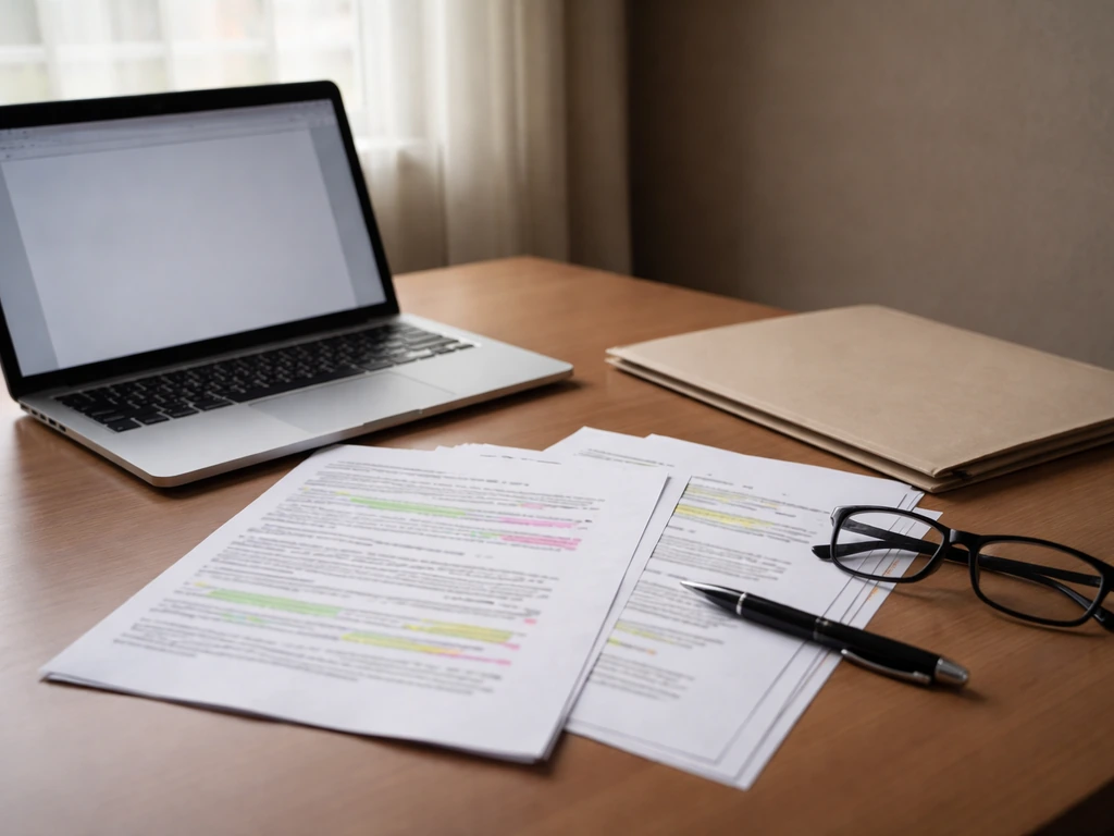 Open laptop and printed investor report pages with highlighted paragraphs on a simple office desk