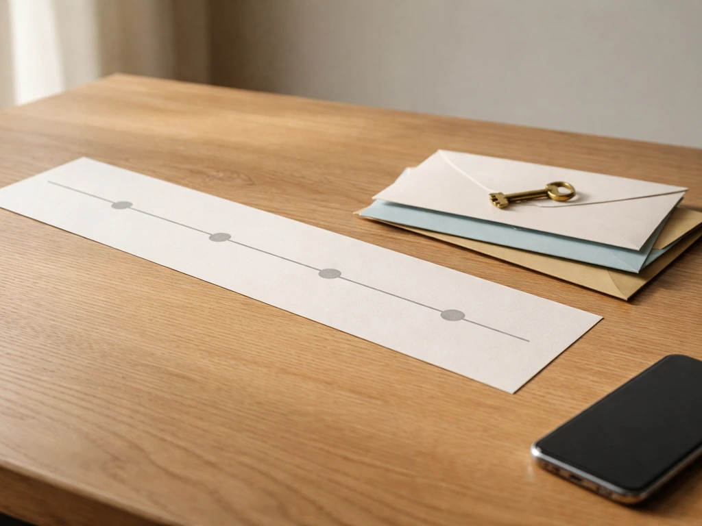 Minimal desk scene with a blank timeline strip, envelopes, and a small brass key under natural light.