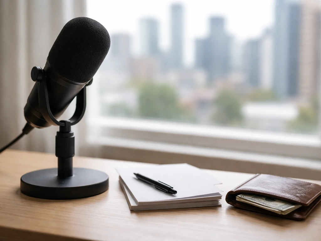 Minimal desk scene showing a microphone and scattered papers to symbolize estimating net worth from career signals