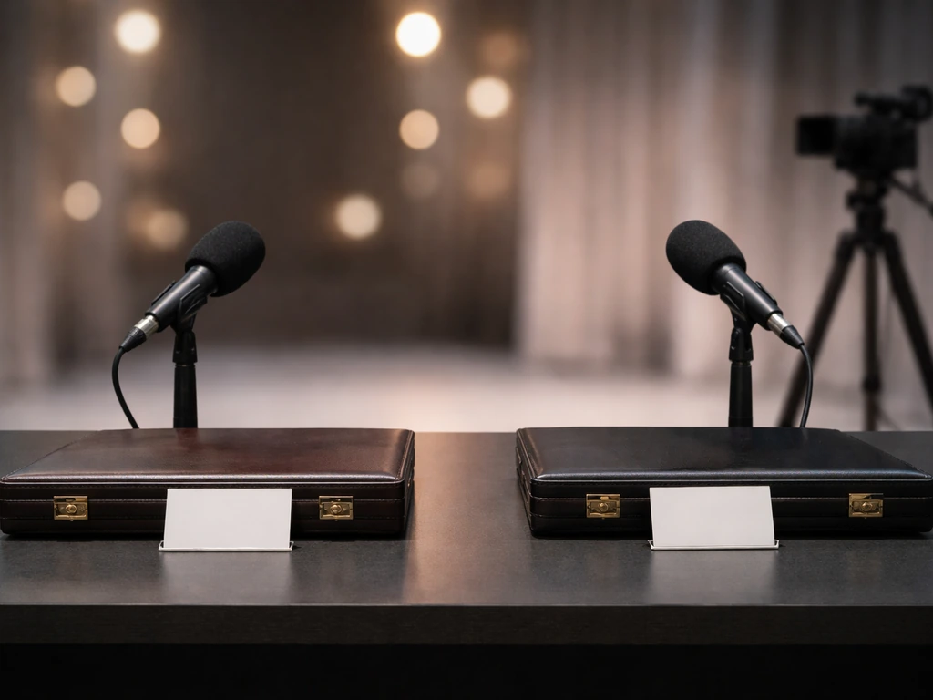 Minimal studio scene with two separate, anonymous nameplate-like cues suggesting two identities