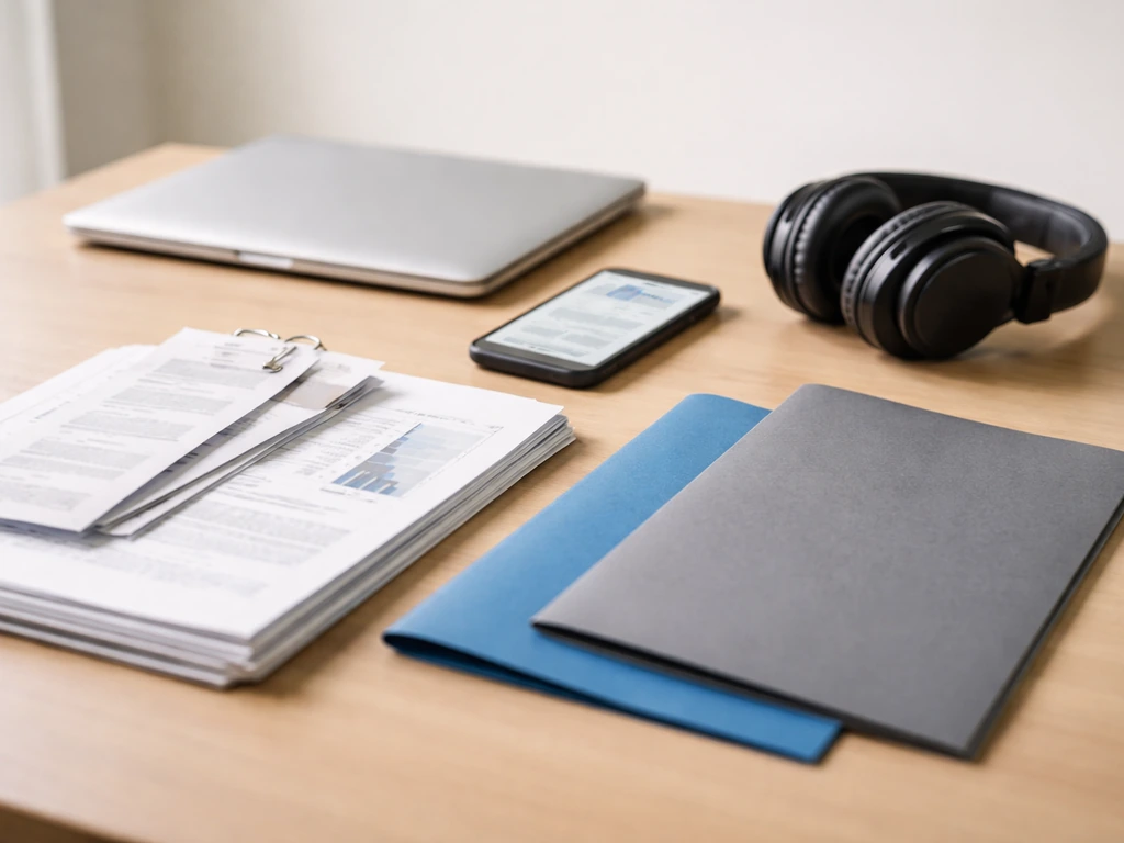 Minimal photo of a desk with a smartphone, headphones, and scattered documents suggesting media earnings research