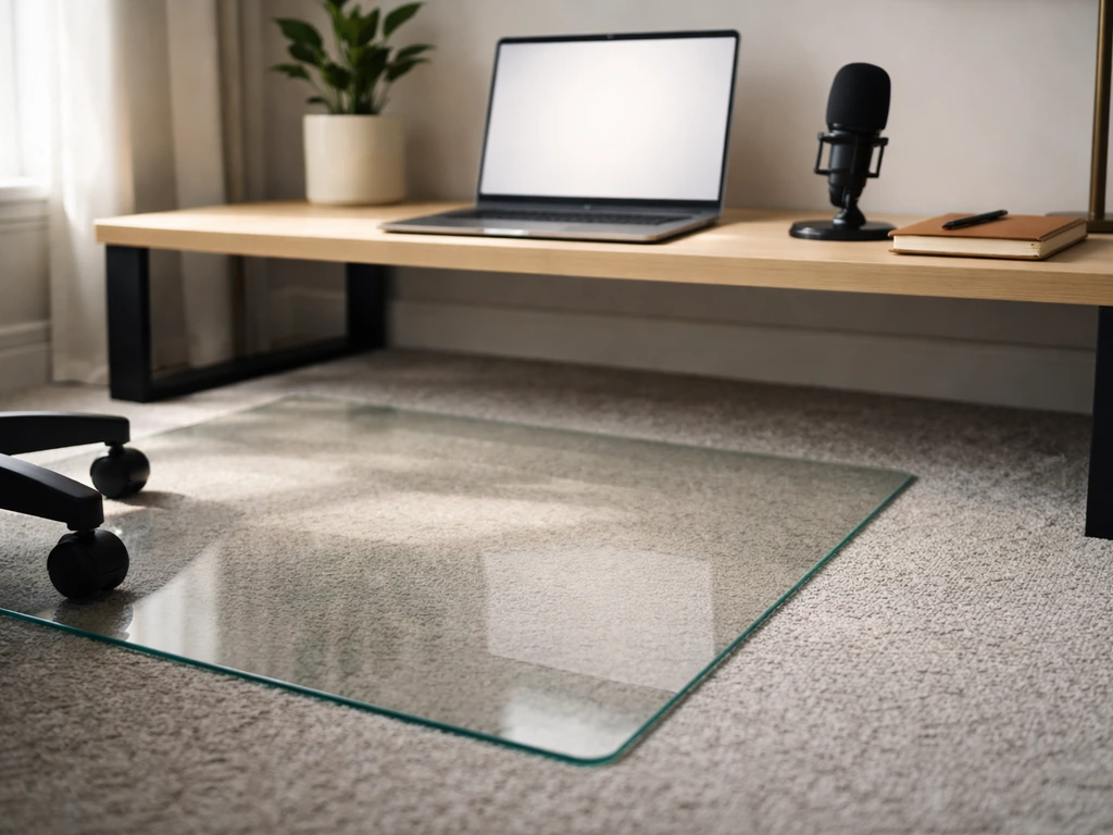 Modern desk scene with a tempered-glass chair mat, laptop, and microphone, symbolizing a business founder.