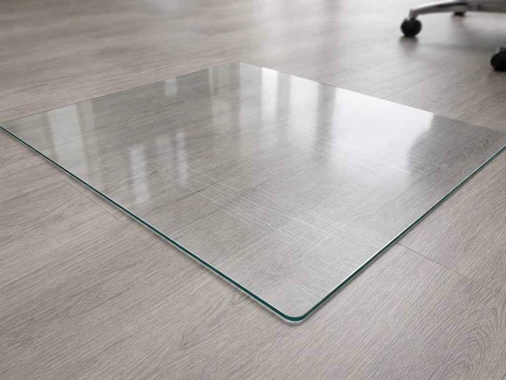 Tempered-glass office chair mat placed on an office floor with chair wheels for use-focused realism.