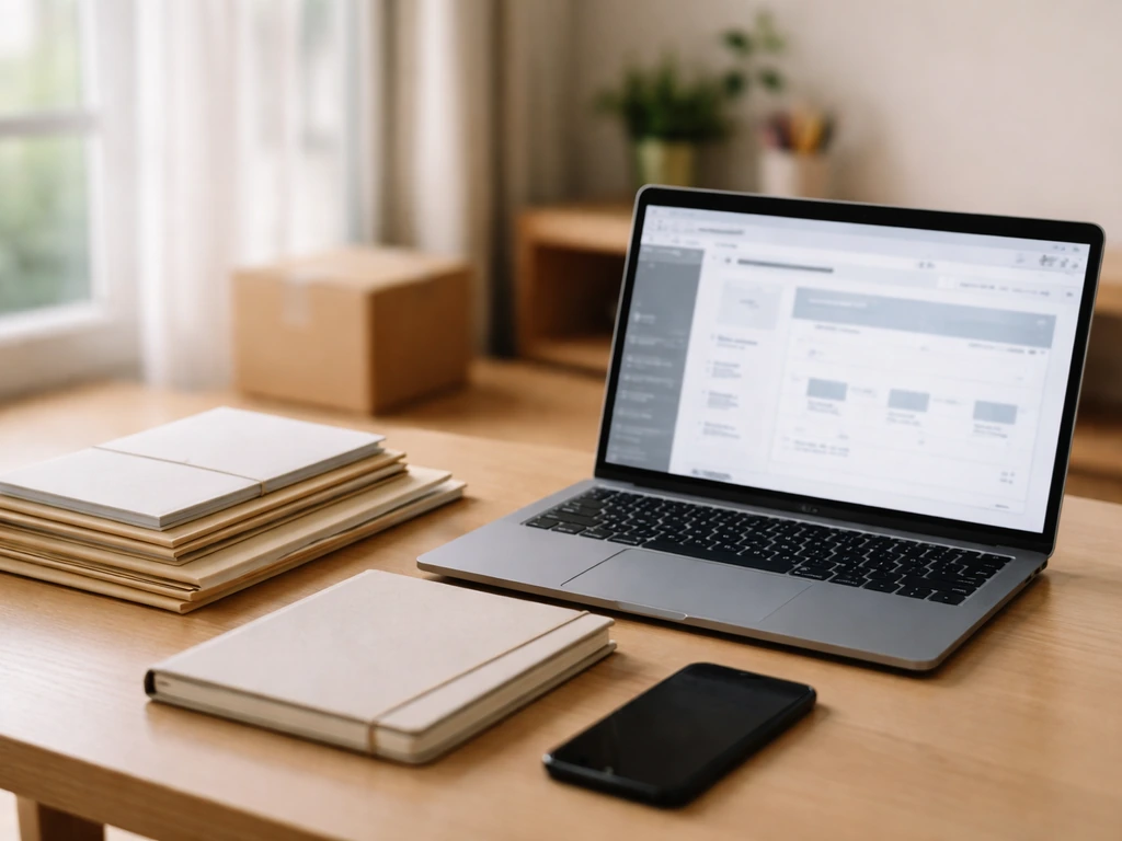 Minimal home office scene with laptop, business folders, and a parcel box symbolizing e-commerce valuation.