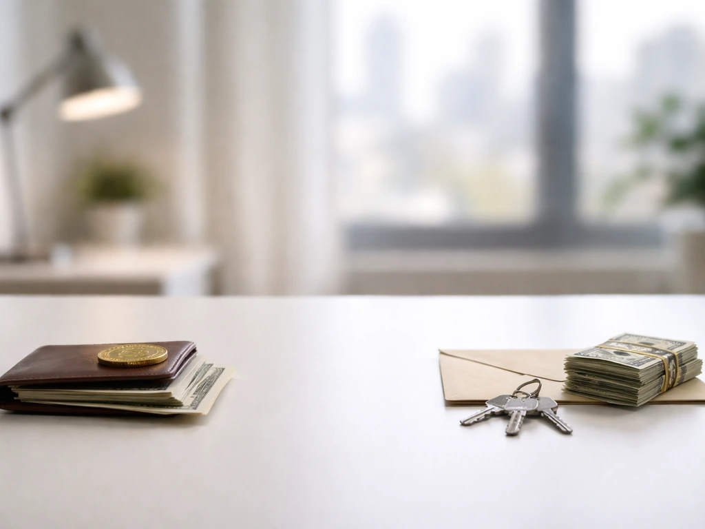 Desk scene with cash/investment objects on one side and debt-like items on the other, symbolizing assets minus liabiliti