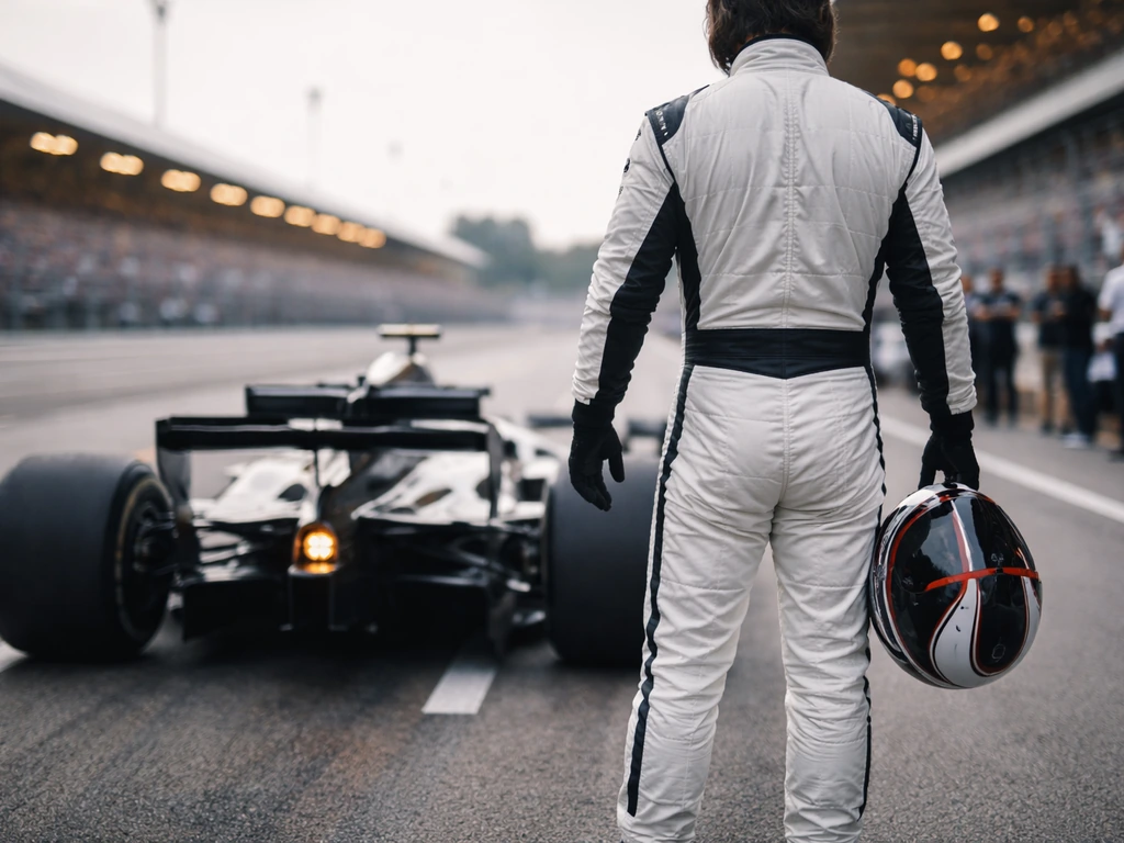 Formula One driver in a modern racing suit on a starting grid, holding helmet before a race
