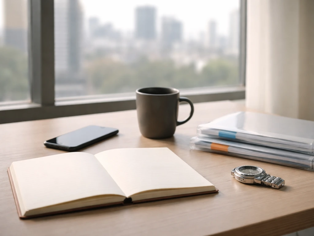 Minimal home-office desk with blank notebook, folders, and phone suggesting career-era budgeting and time.
