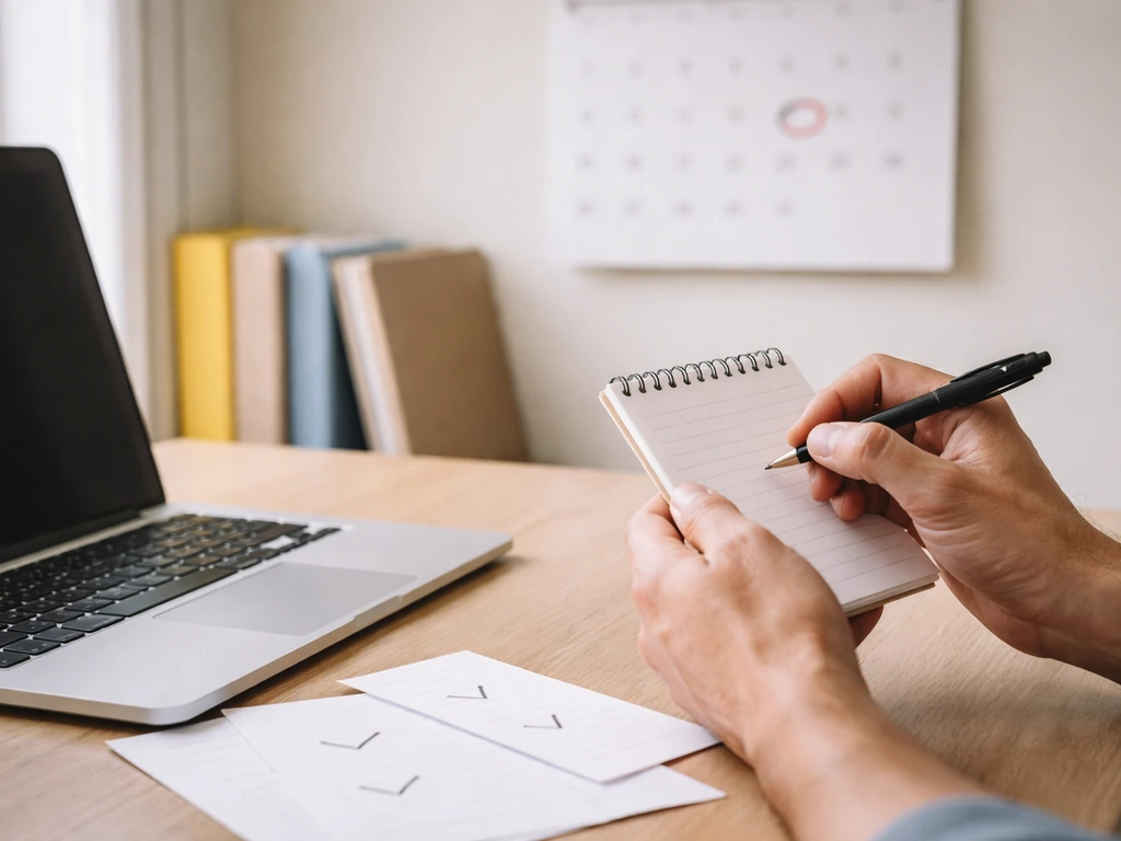 Hands review papers and a laptop on a desk, with a blurred calendar suggesting checking an “as of” date.