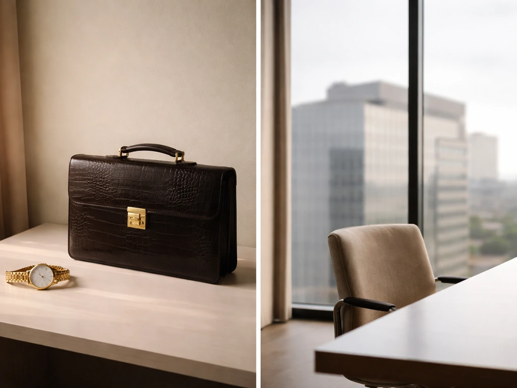 Split view: briefcase and watch on a desk vs quiet office window for personal wealth vs brand valuation.