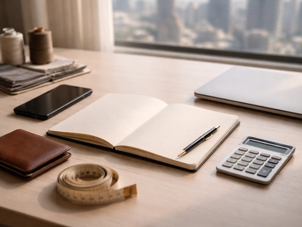 Minimal photo of a fashion designer’s workspace with a notebook, calculator, and closed laptop symbolizing net worth est