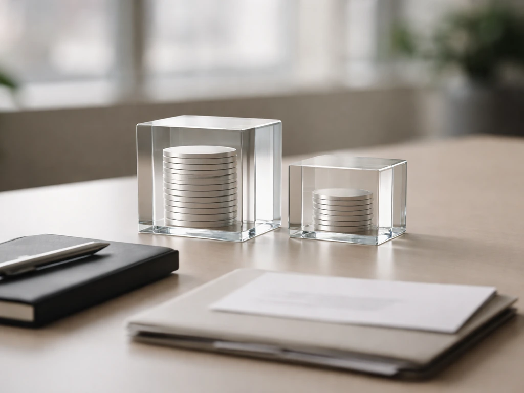 Minimal desk scene with two glass blocks and blank tokens symbolizing partial payment vs implied value.