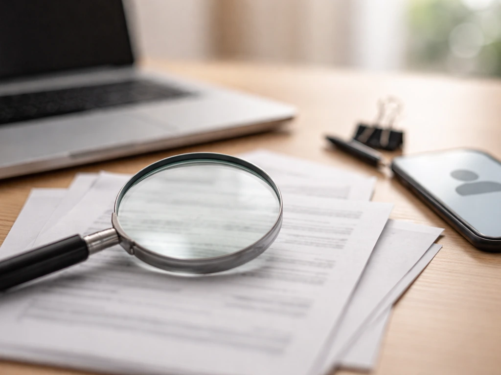 Magnifying glass over blurred financial documents and a laptop desk scene suggesting net-worth verification.