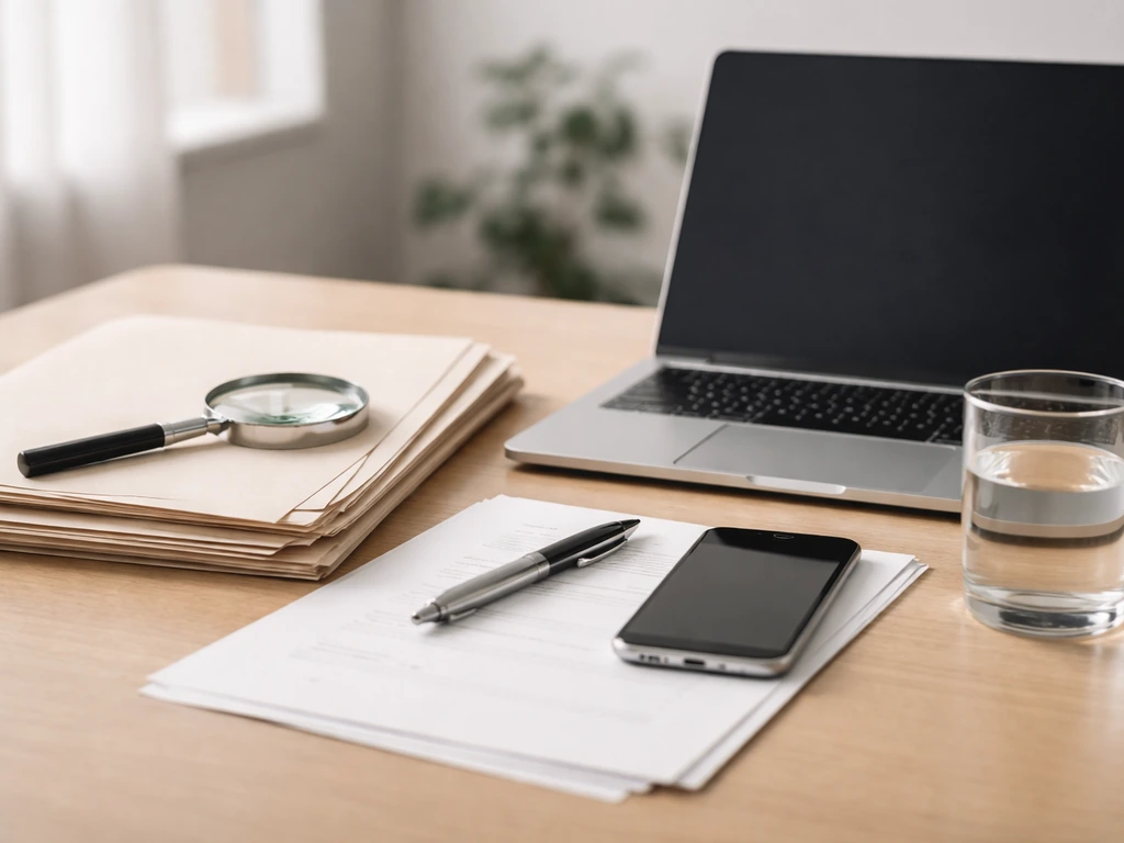 Minimal desk scene with unlabeled documents, pen, magnifying glass, and a blank laptop for finance research.
