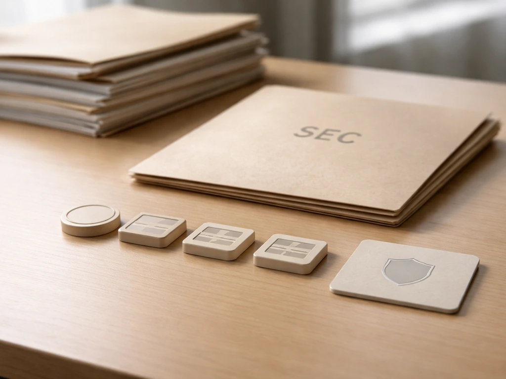 Desk with formal documents and generic source badges showing primary records vs less-verifiable media.