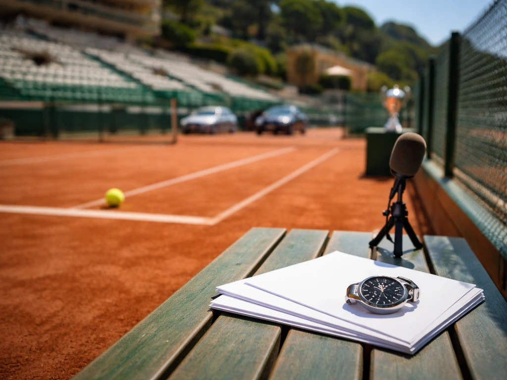 Minimal Monaco tennis court scene with a tennis ball, bench items, and a subtle media/wealth theme.
