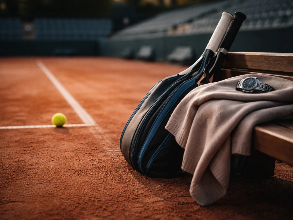 Blurred pro tennis court with a tennis ball, racket bag, and luxury accessories on a bench, symbolizing net worth.
