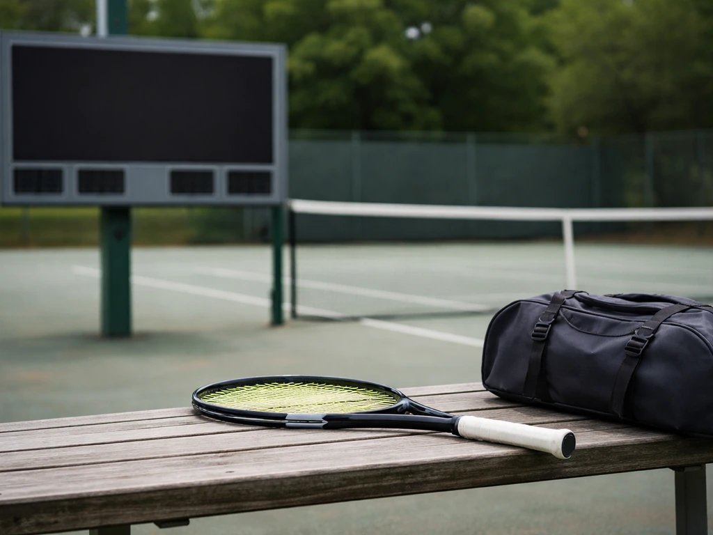 Close-up of a blank tournament-style scoreboard and a tennis racket on a court bench, suggesting prize money