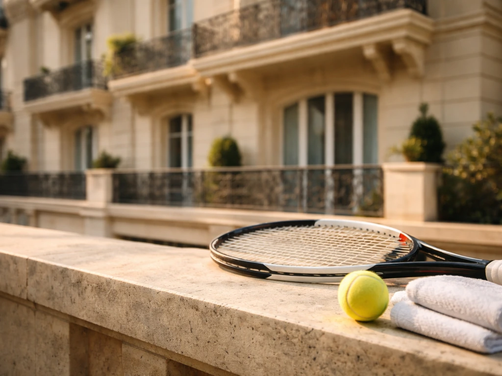 Monaco property group sponsorship announcement scene with tennis gear and elegant storefront backdrop
