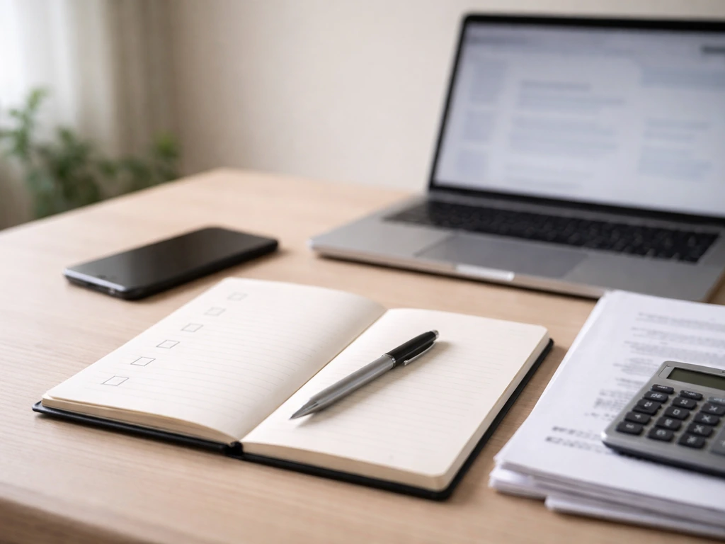Close-up of a notebook with a blank checklist beside a laptop and documents in a quiet office