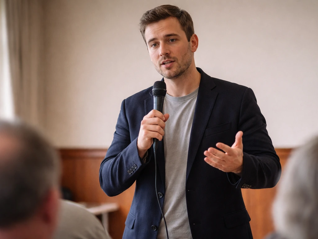 Art and criminal justice advocate speaking at a small event, holding a microphone with a calm audience behind.