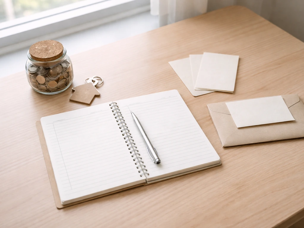 Minimal desk scene with a blank checklist notebook and neatly arranged items symbolizing assets and liabilities.