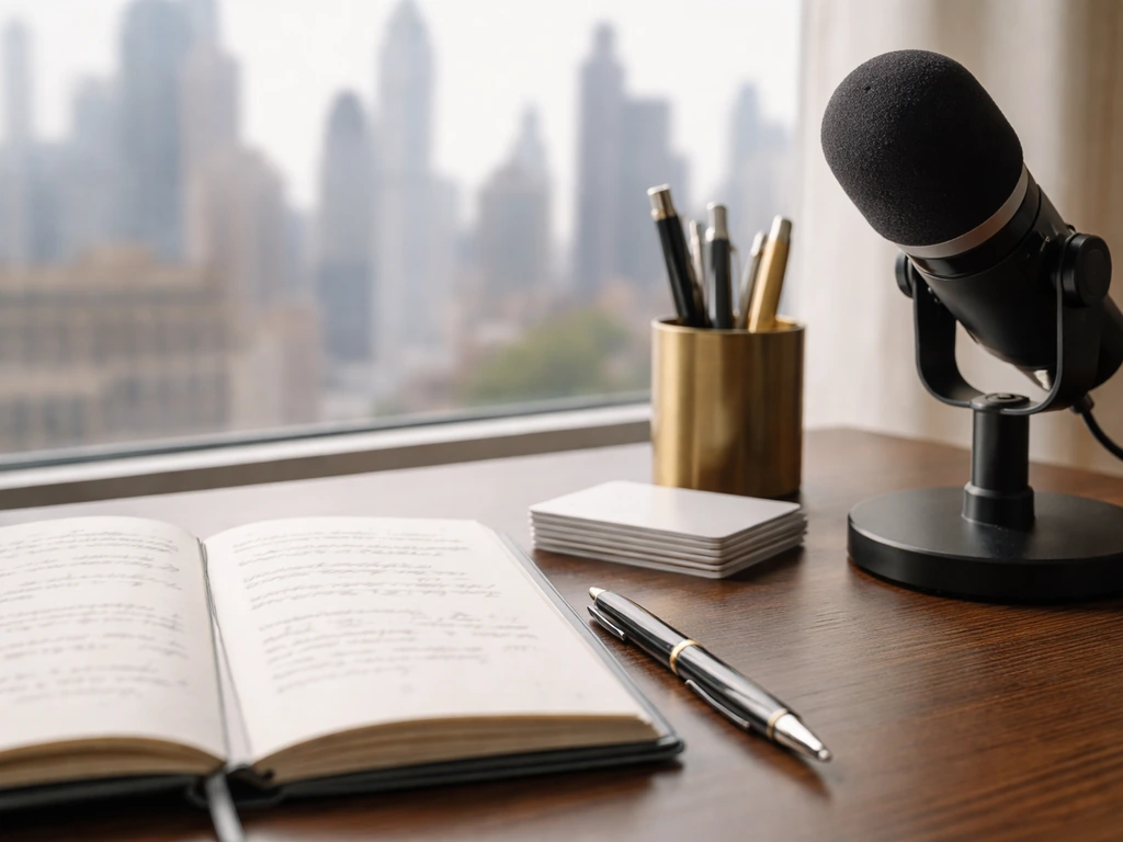 Minimal desk with microphone and luxury stationery, city skyline background—symbolic of finance and media analysis.