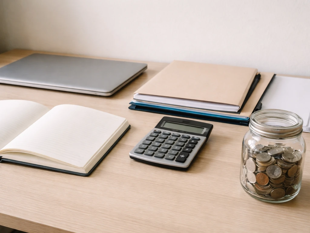 Minimal office desk with coins, documents, calculator, and an open notebook symbolizing net worth methodology.