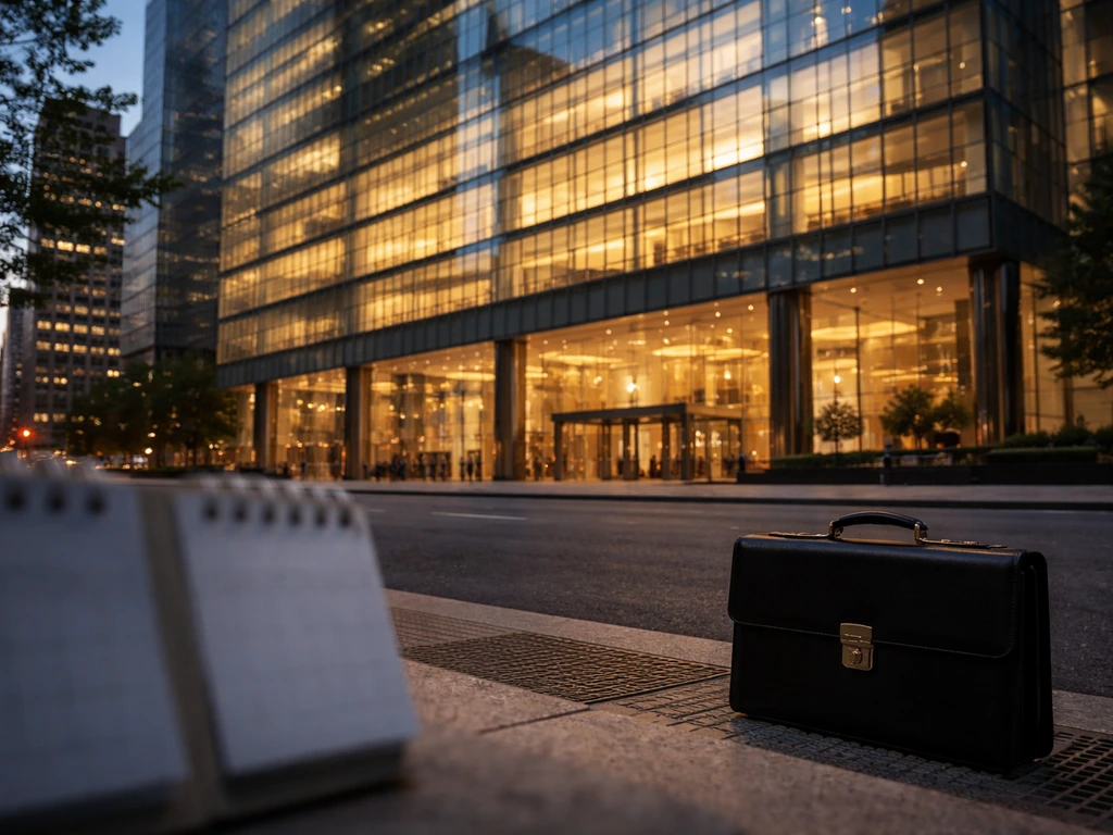 Dusk exterior of Goldman Sachs headquarters in NYC with a briefcase on the sidewalk foreground.