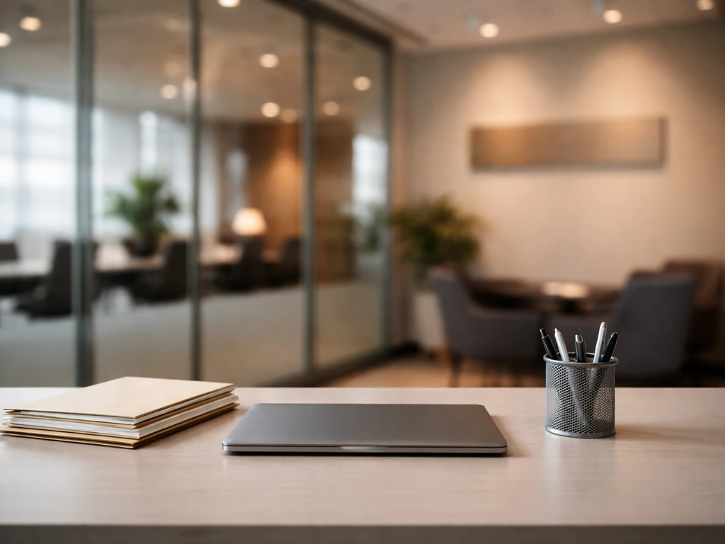 Minimal photo of a modern finance office desk with a closed laptop and professional folders in soft daylight.