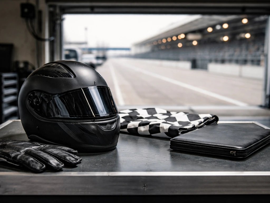 Formula 1 paddock scene with an F1-style racing helmet and a checkered flag beside a team garage door.