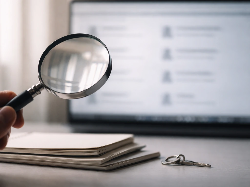 Magnifying glass over a blurred digital search page, symbolizing identity and net-worth investigation.