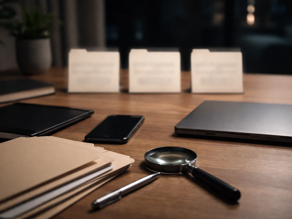 Minimal home-office desk with blank documents, dark phone screen, and magnifying glass suggesting no verified husband in