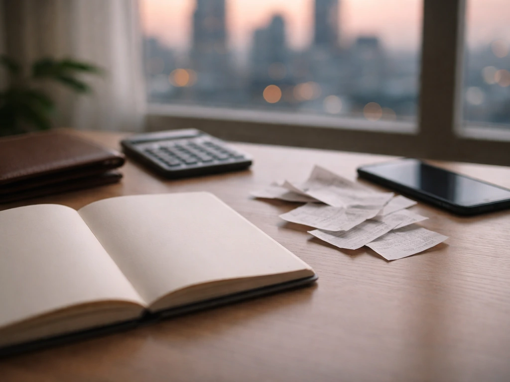 Minimal finance desk with blank notebook, wallet, and blurred calculator suggesting uncertain net worth.