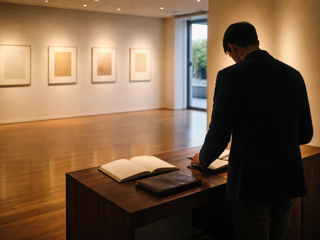 Empty luxury art gallery with warm lighting, framed artworks, and a tasteful business atmosphere