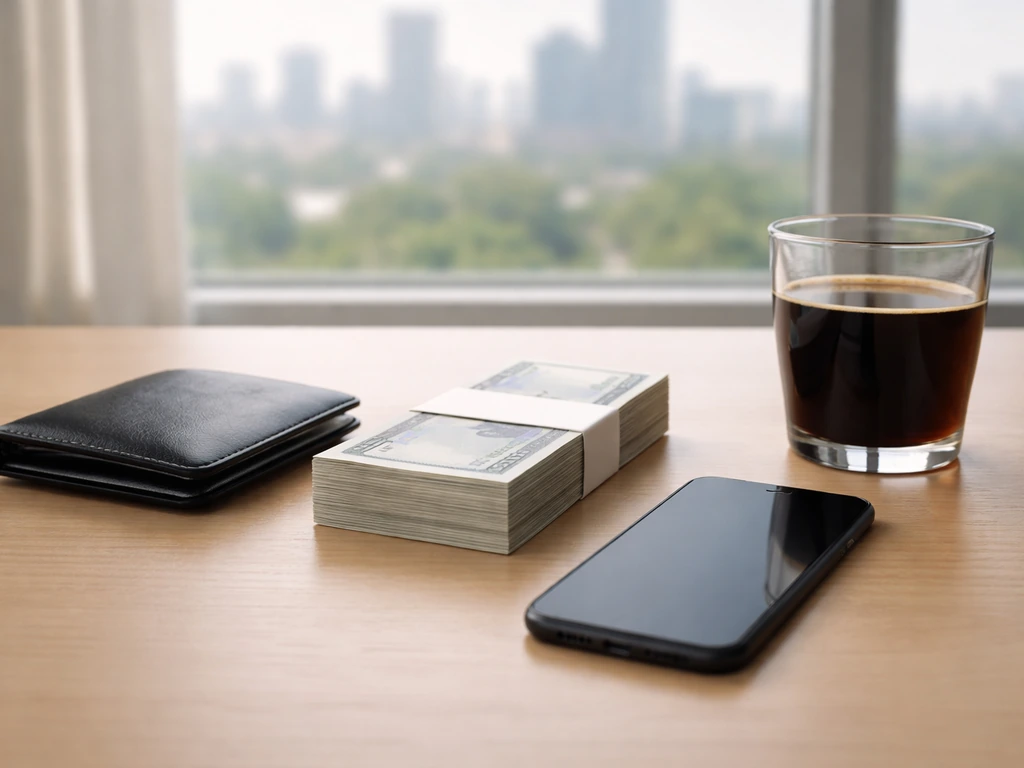 Minimal desk scene with wallet and smartphone symbolizing competing net-worth estimates, no readable text.