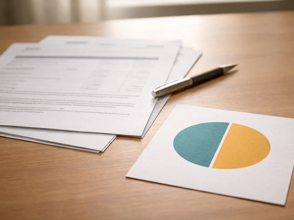 Close-up of gallery sales paperwork on a desk with a commission split symbol beside it