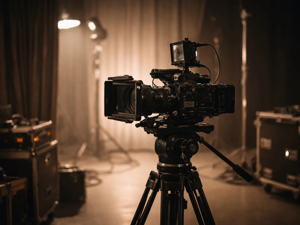 Film-themed scene with a professional camera on a tripod in a quiet dim studio