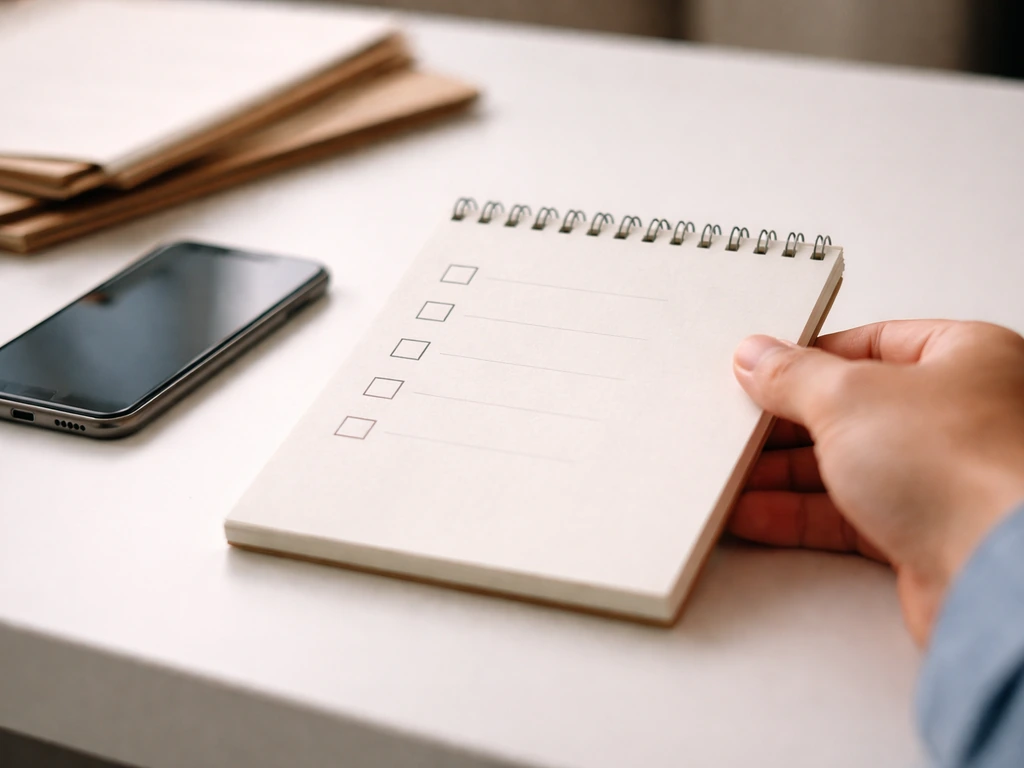 Close-up of a notebook and smartphone on a desk with blurred document folders for due-diligence signals.