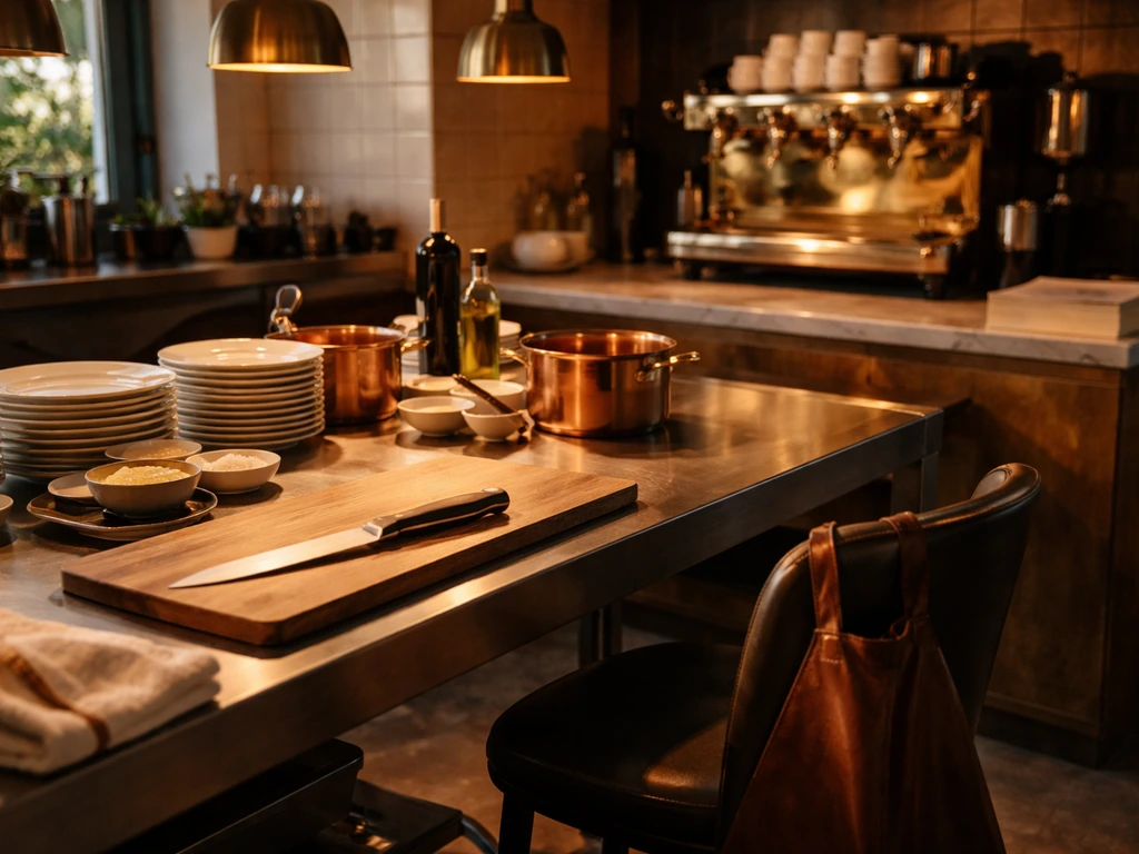 Upscale restaurant kitchen workspace with premium cookware and chef tools, symbolizing celebrity chef wealth.