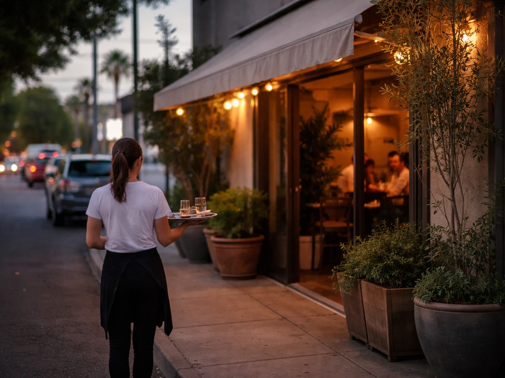 Warm-lit restaurant entrance on Melrose Avenue with an anonymous server carrying a tray.