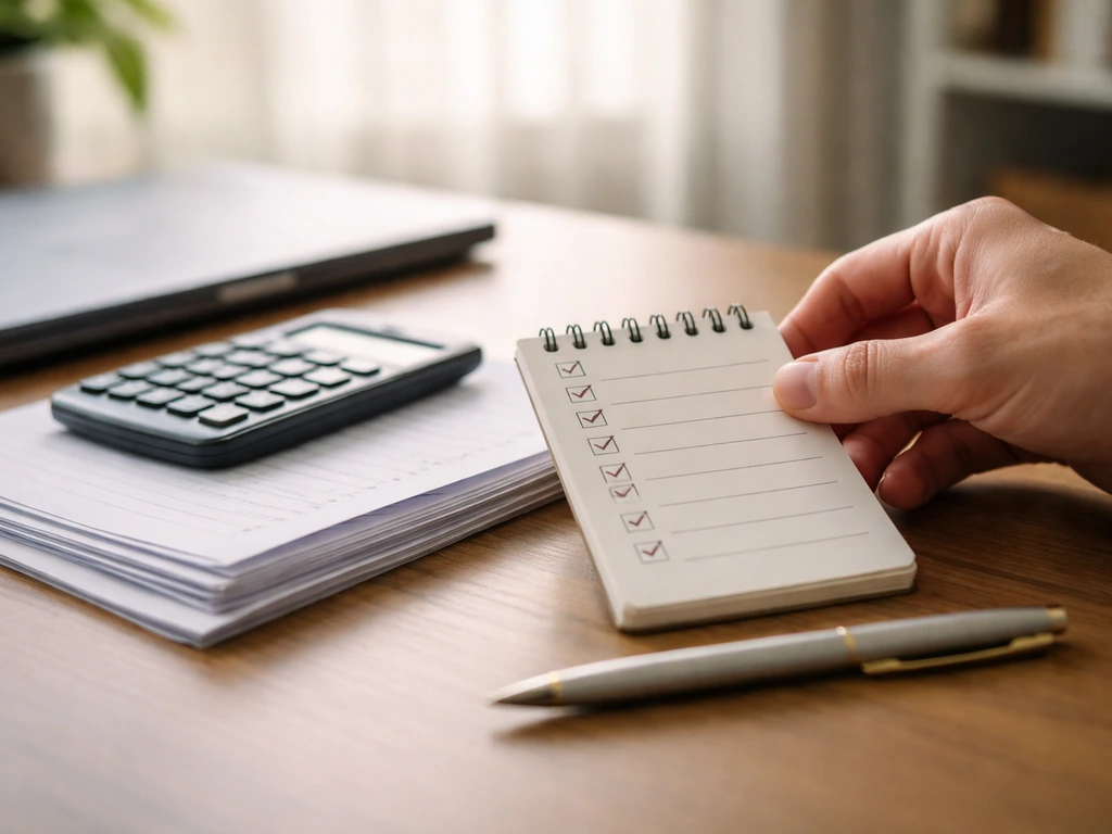Minimal desk scene with a checklist, calculator, and newspaper-style notes for verifying net worth claims.